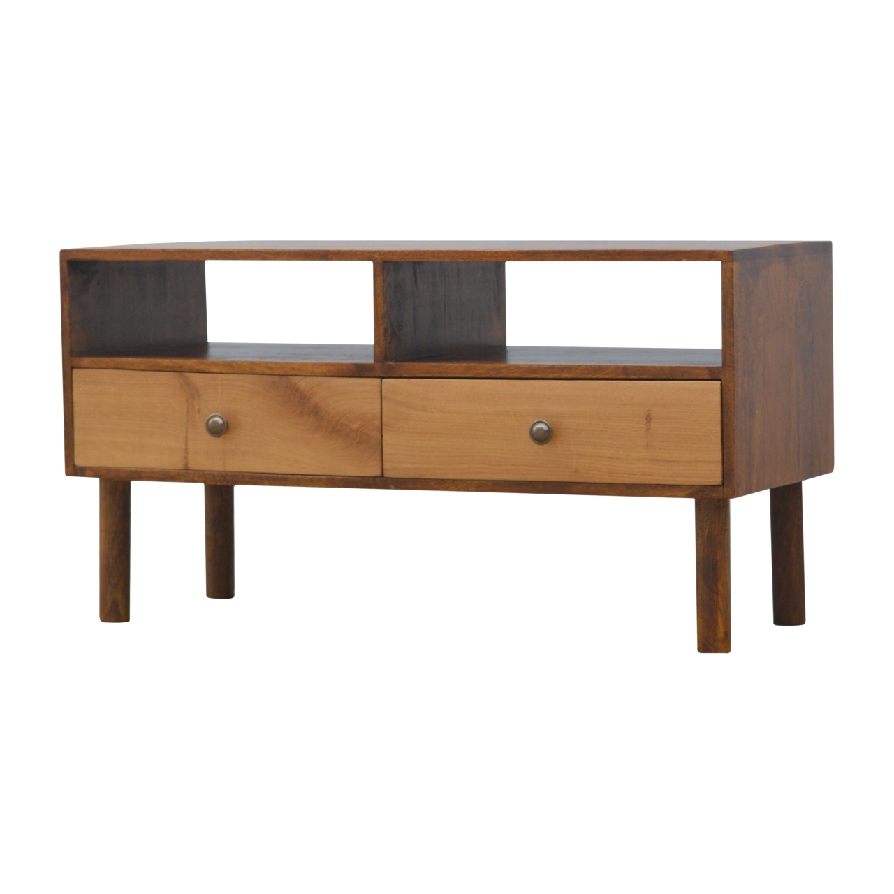 Solid Wood Media Unit With 2 Open Slots And 2 Oak Wood Front Drawers