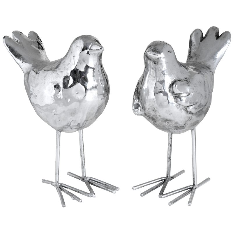 Set Of Two Resin Birds In Silver Finish