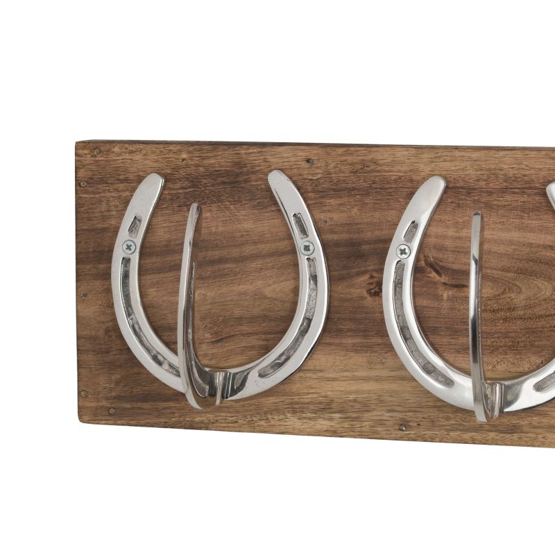 Four Nickel Horse Shoe Hooks On Wooden Board - Image 2