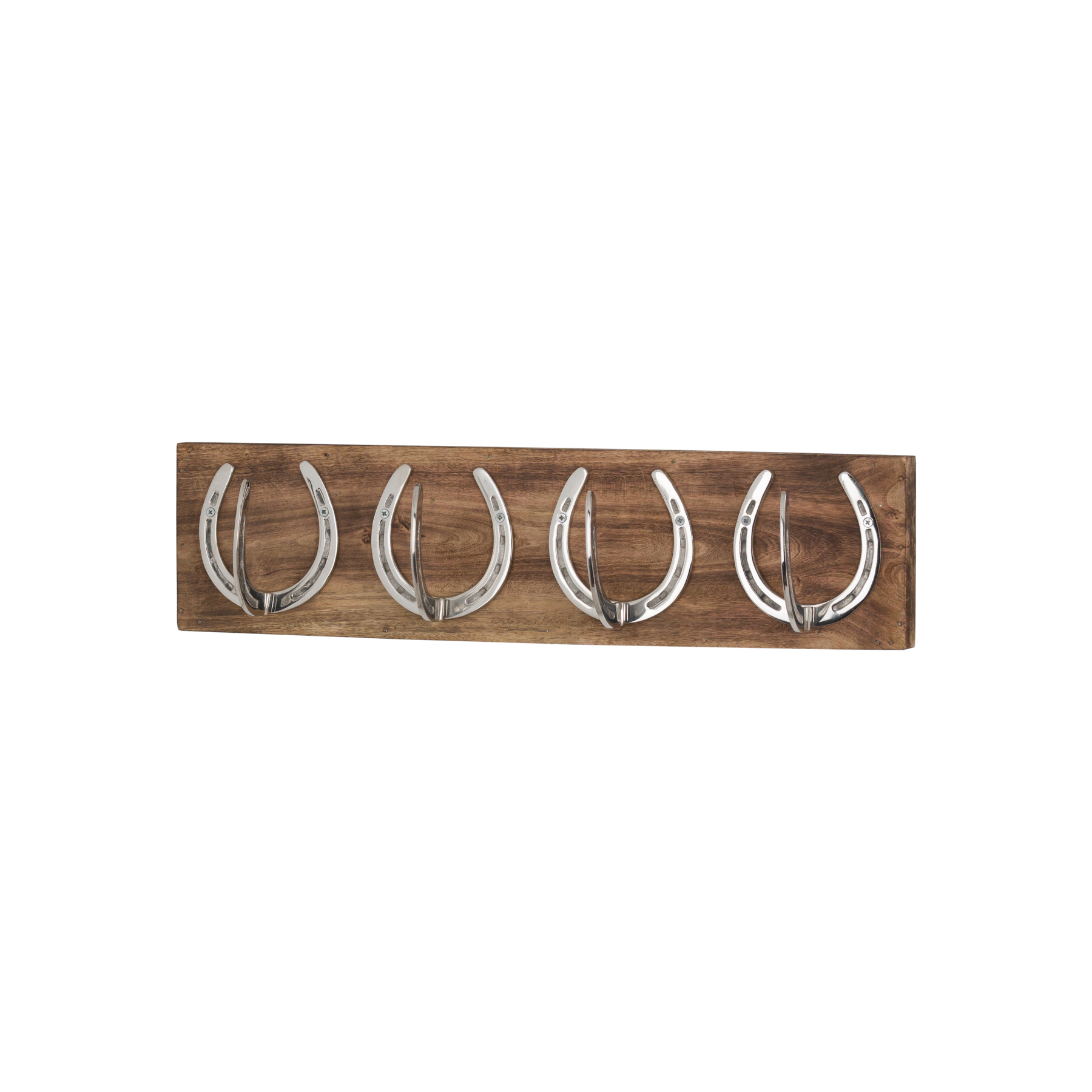 Four Nickel Horse Shoe Hooks On Wooden Board