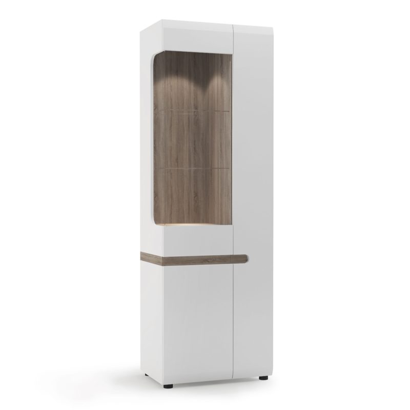 Chelsea Living Tall Glazed Narrow Display Unit (RHD) in White with a Truffle Oak Trim - Image 2