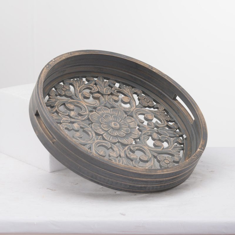 Set Of 2 Carved Grey Wash Louis Trays - Image 2