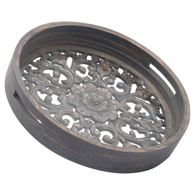 Set Of 2 Carved Antique Metallic Hampton Trays