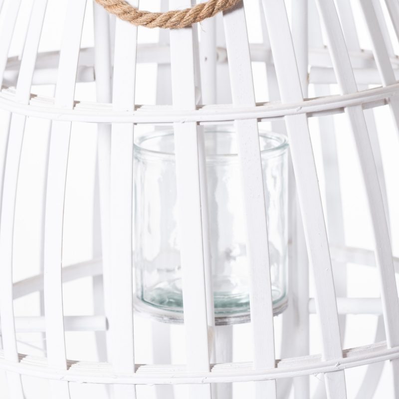 White Floor Standing Domed Wicker Lantern With Rope Detail - Image 2