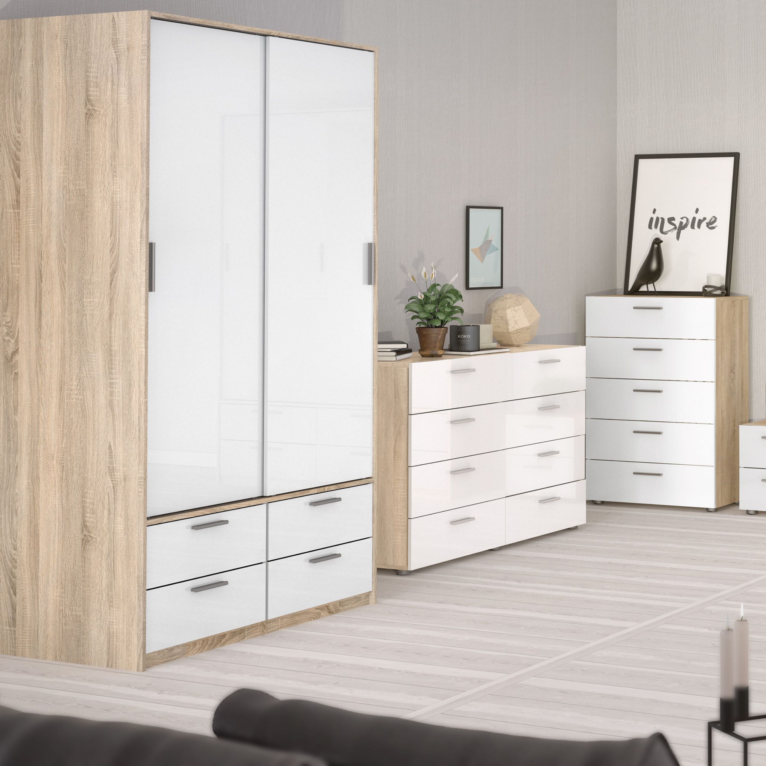 Wardrobe – 2 Doors 4 Drawers In Oak With White High Gloss