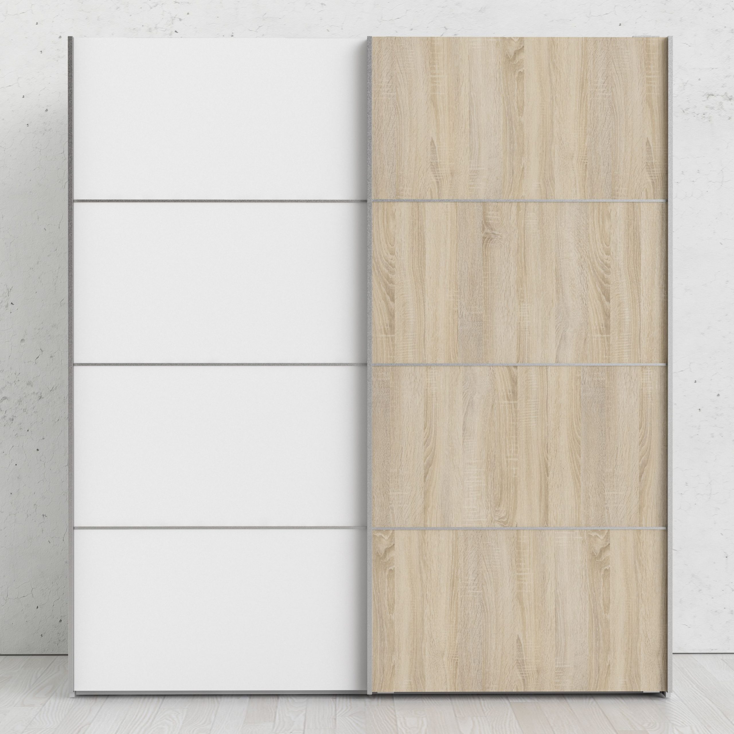 Verona Sliding Wardrobe 180cm In White With White And Oak Doors With 5 Shelves