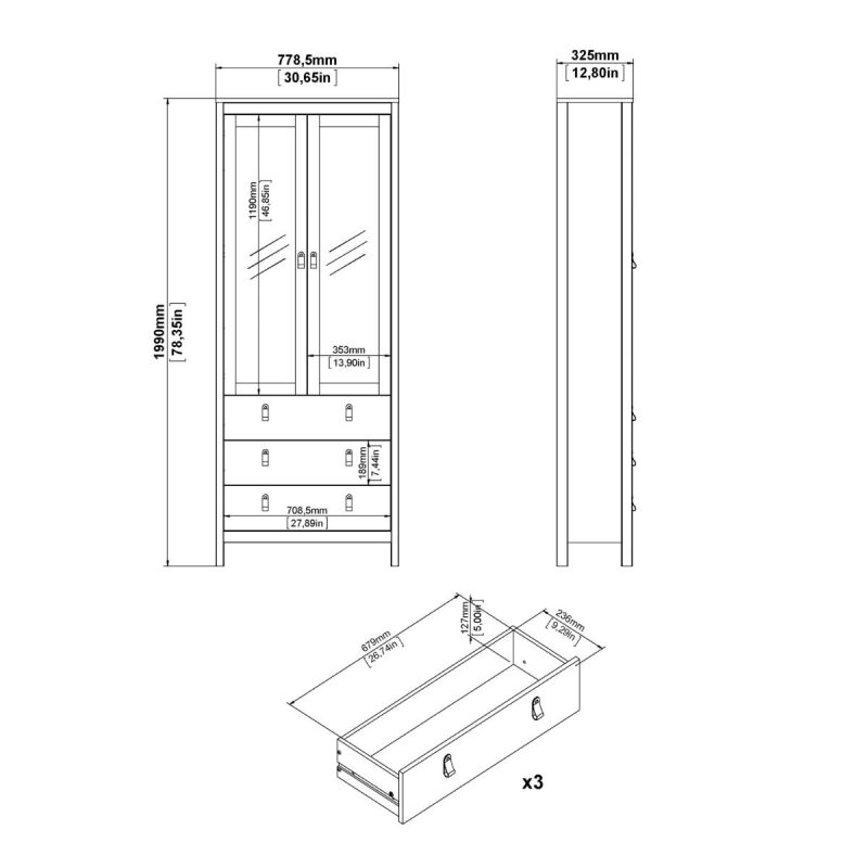 Barcelona China Cabinet 2 Glass Doors with 3 Drawers in White - Image 11