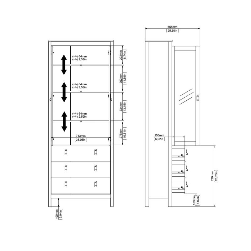 Barcelona China Cabinet 2 Glass Doors with 3 Drawers in White - Image 12