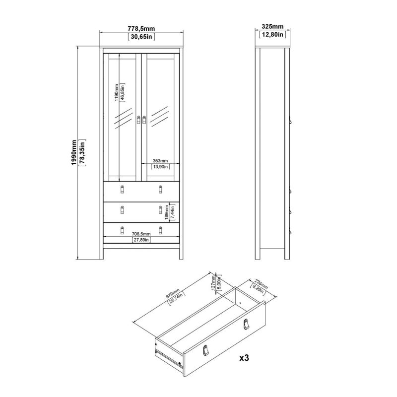 Barcelona China Cabinet 2 Glass Doors with 3 Drawers in Matt Black - Image 11