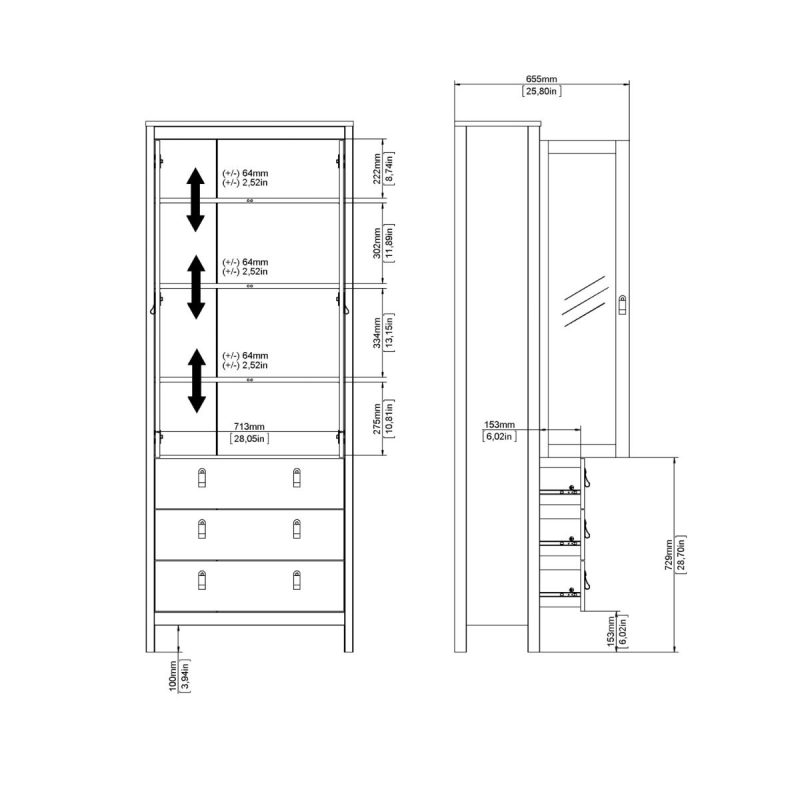 Barcelona China Cabinet 2 Glass Doors with 3 Drawers in Matt Black - Image 12