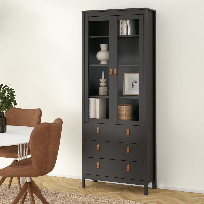 Barcelona China Cabinet 2 Glass Doors with 3 Drawers in Matt Black - Image 8