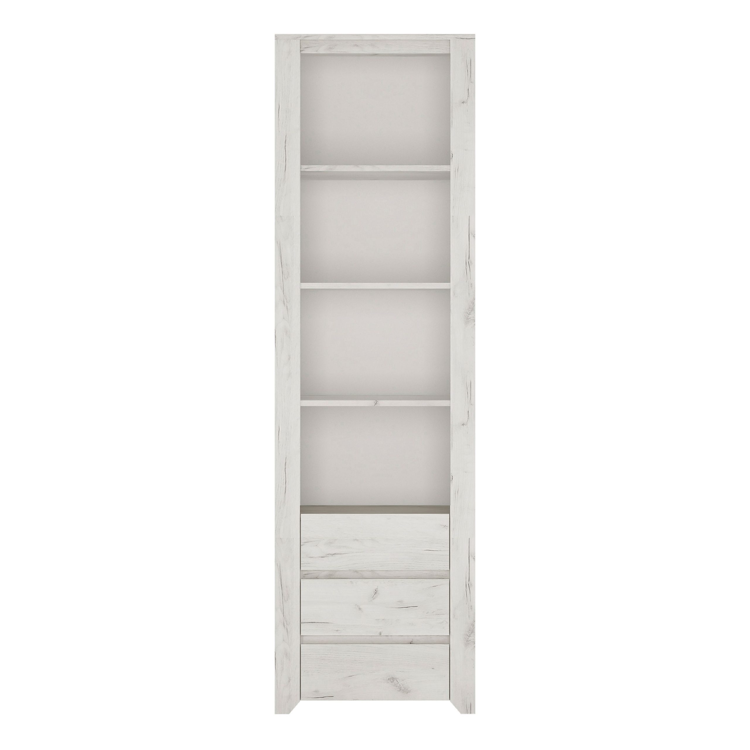 Angel Tall Narrow 3 Drawer Bookcase In White Craft Oak