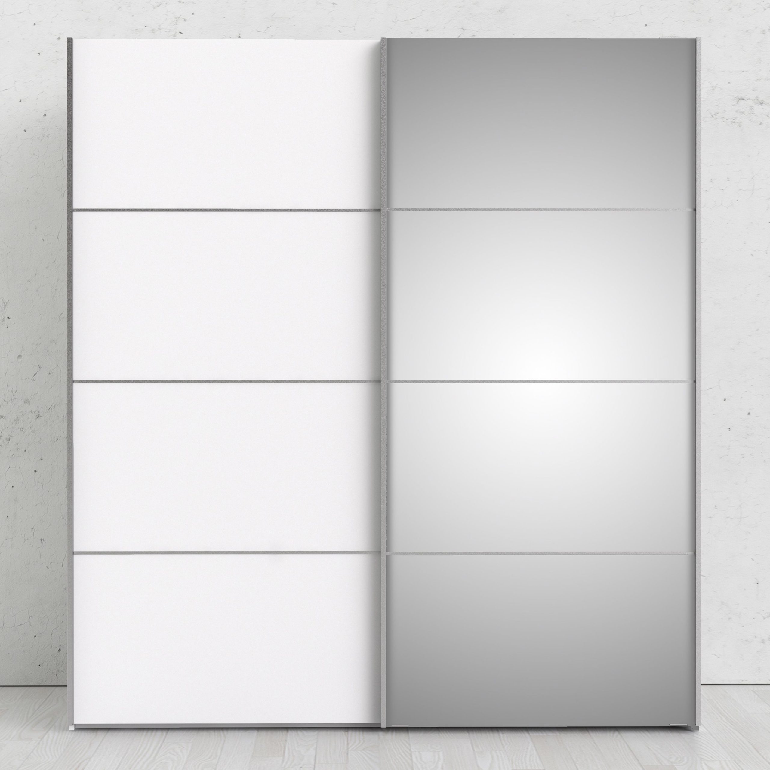 Verona Sliding Wardrobe 180cm In White With White And Mirror Doors With 2 Shelves