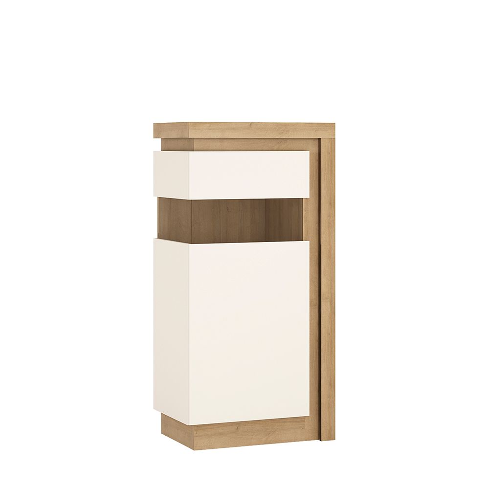 Lyon Narrow Display Cabinet (LHD) 123.6cm High in Riviera Oak/White High Gloss.