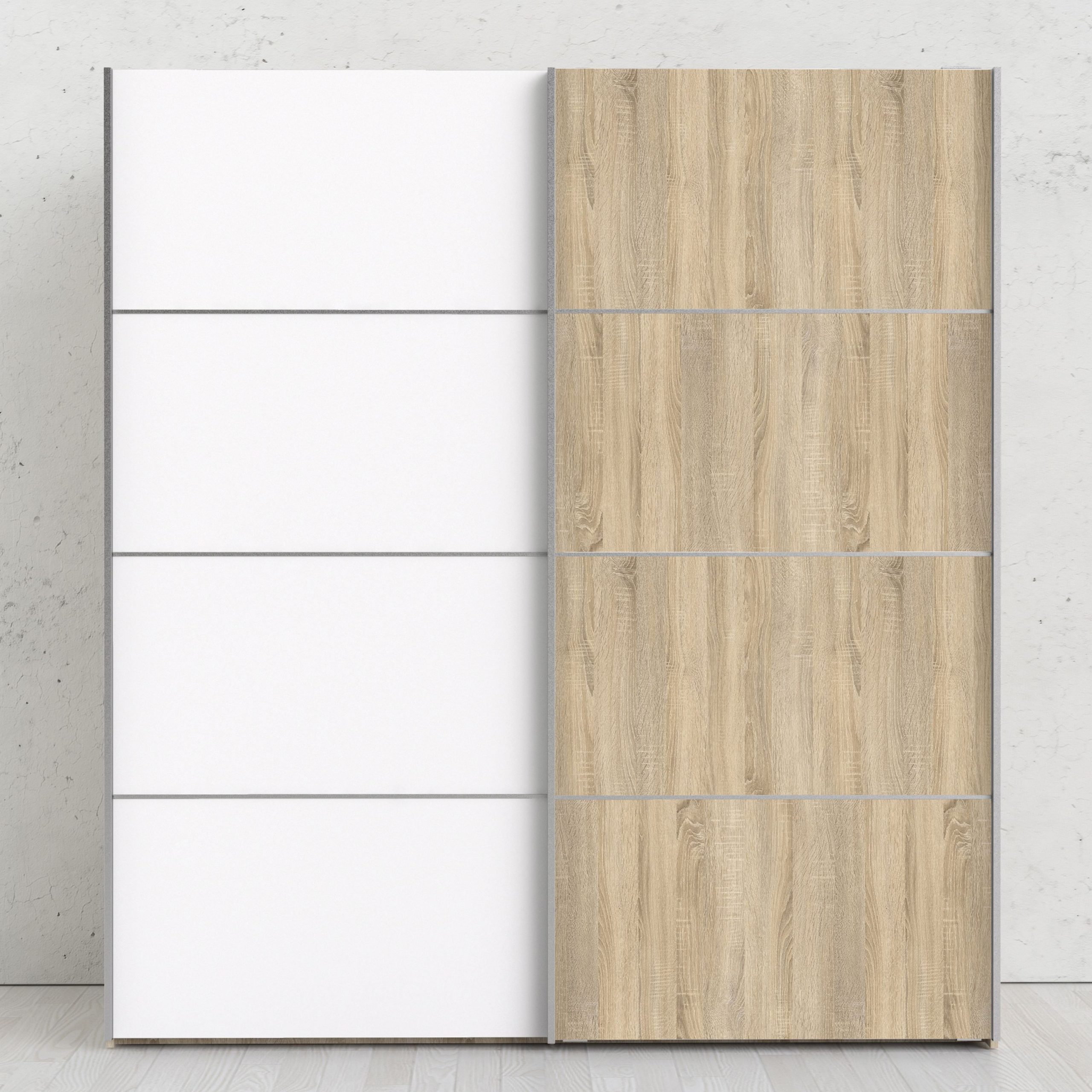 Verona Sliding Wardrobe 180cm In Oak With White And Oak Doors With 5 Shelves