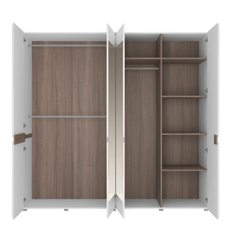 Chelsea Bedroom 4 Door Wardrobe with Mirrors in White with a Truffle Oak Trim - Image 5