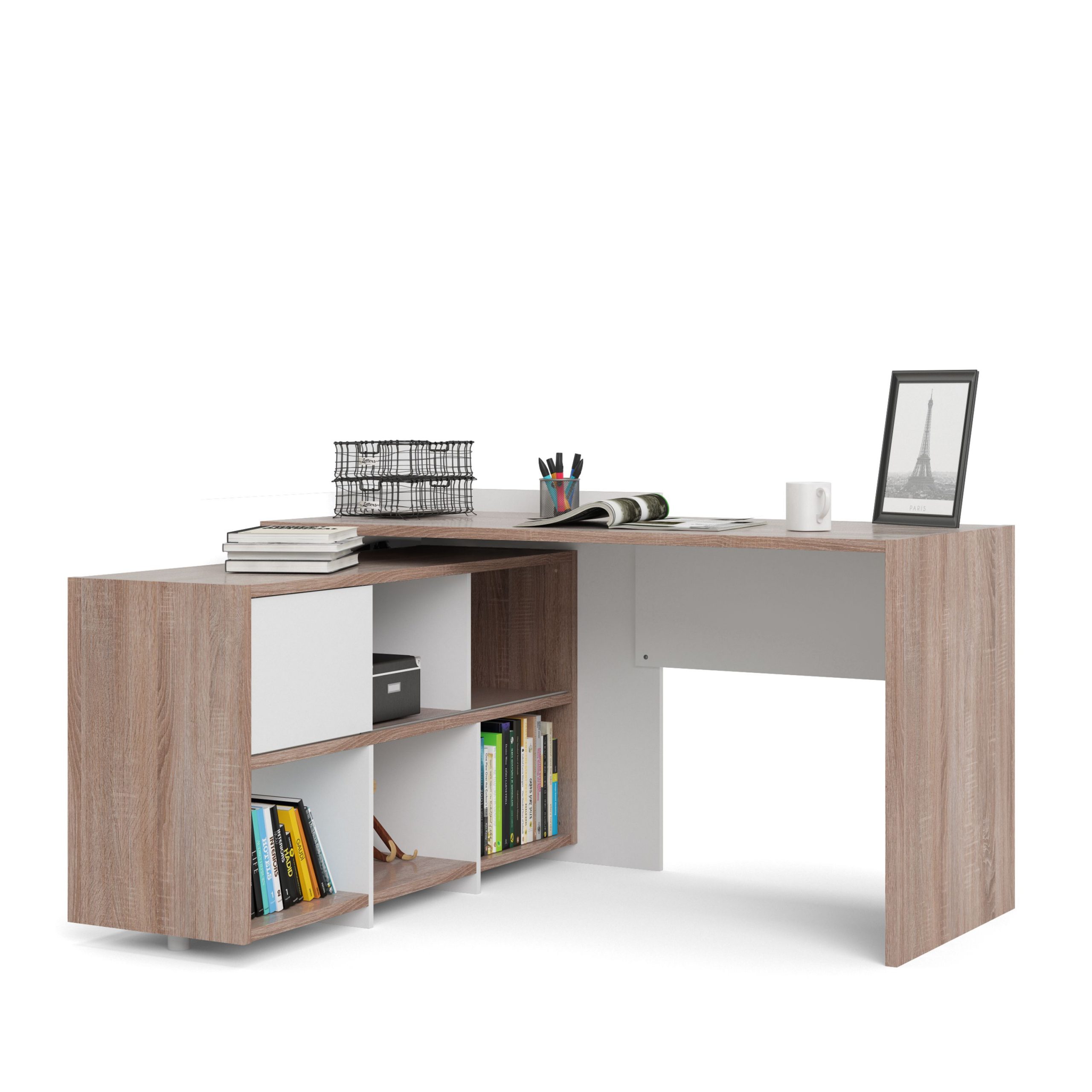 Function Plus Unit Desk With 6 Shelf Bookcase In White And Truffle Oak