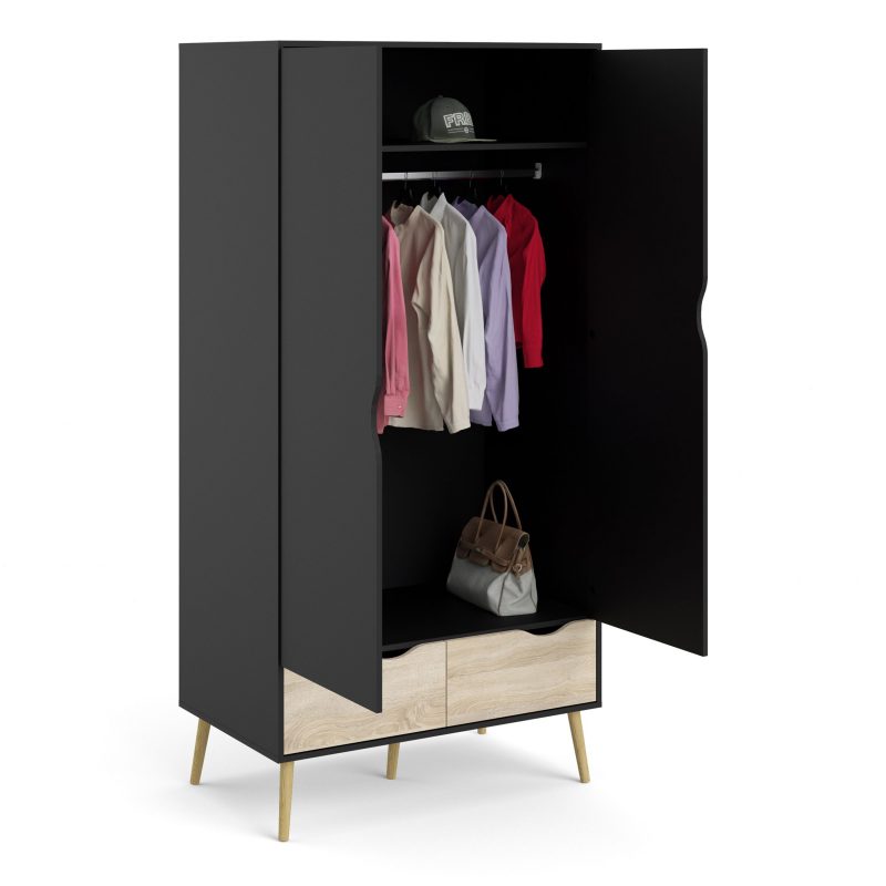 Oslo Wardrobe 2 Doors 2 Drawers in Black and Oak - Image 7