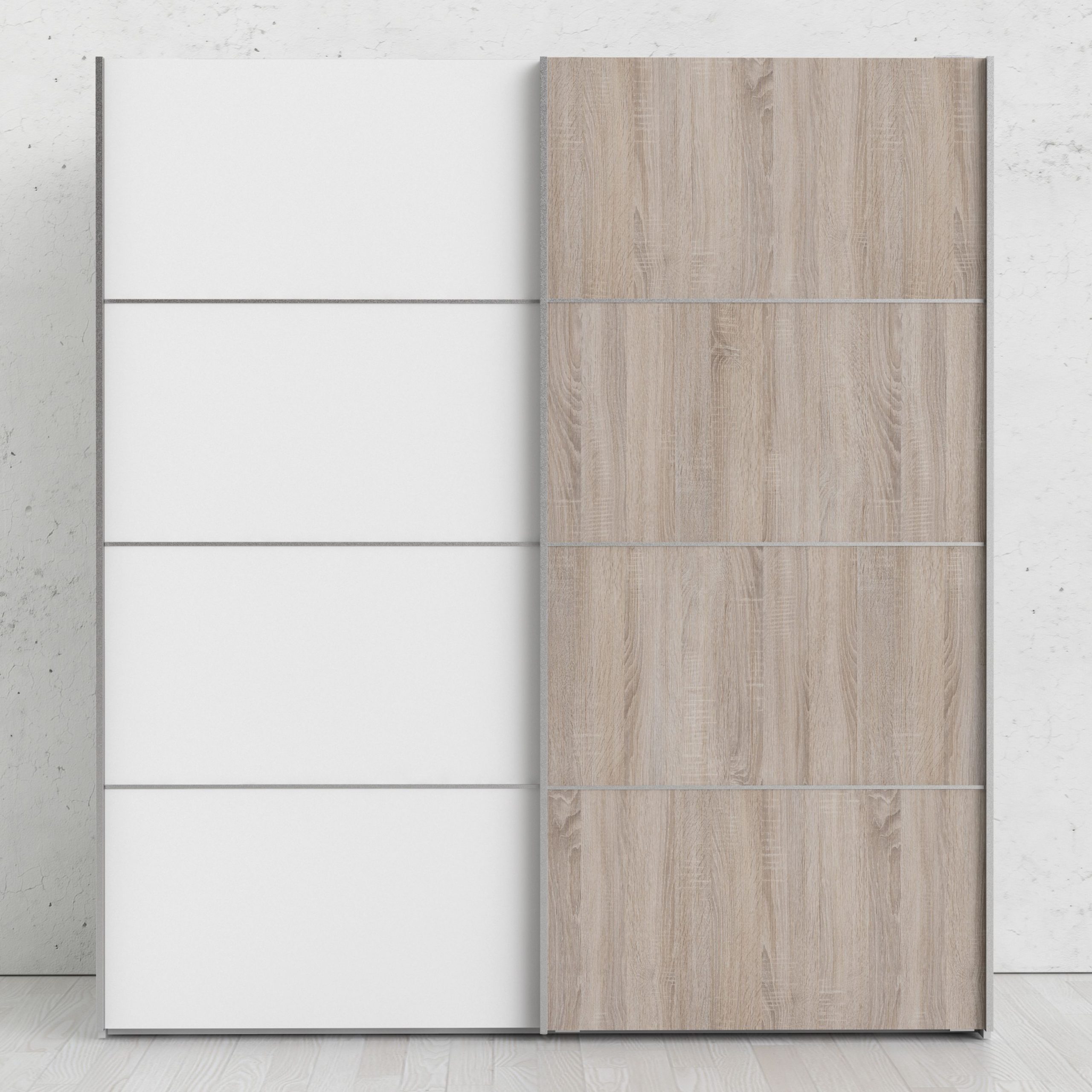 Verona Sliding Wardrobe 180cm In White With White And Truffle Oak Doors With 2 Shelves