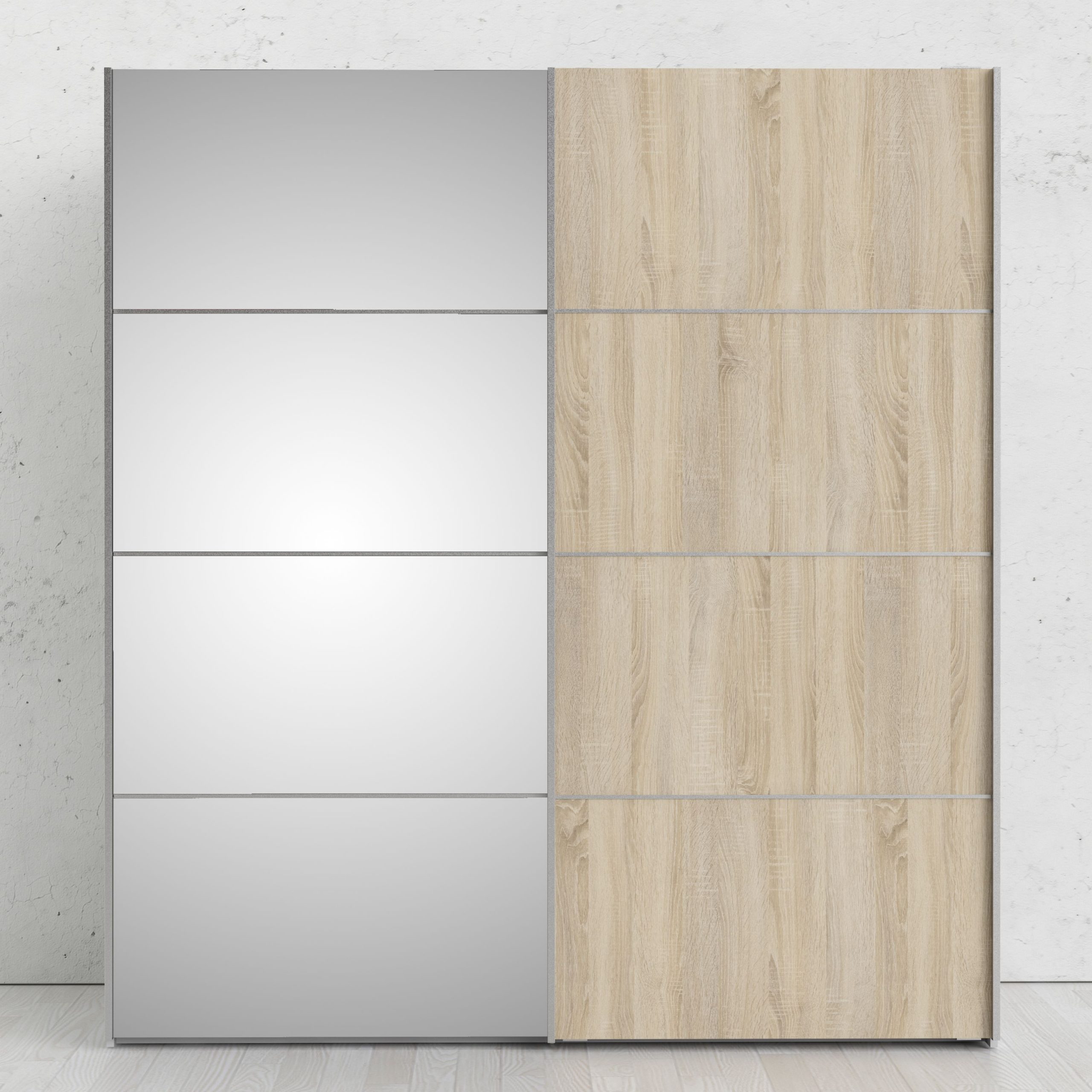 Verona Sliding Wardrobe 180cm In White With Oak And Mirror Doors With 2 Shelves