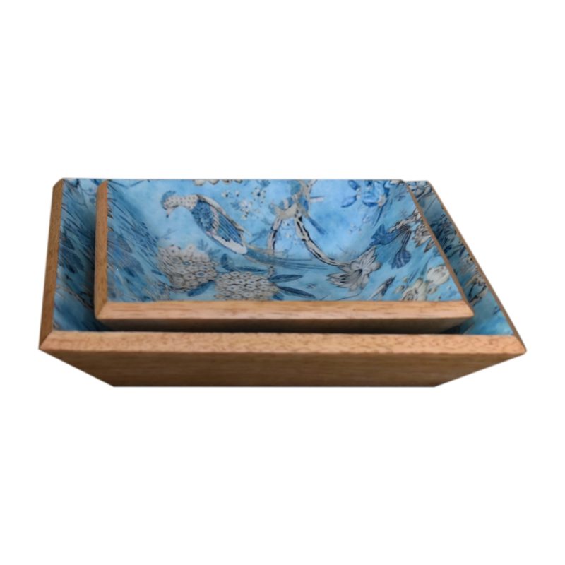 Lacquered Green Bird Square Platter Set Of 2