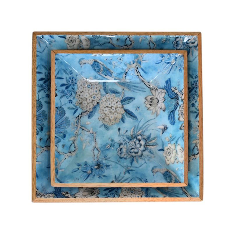 Lacquered Green Bird Square Platter Set Of 2 - Image 3