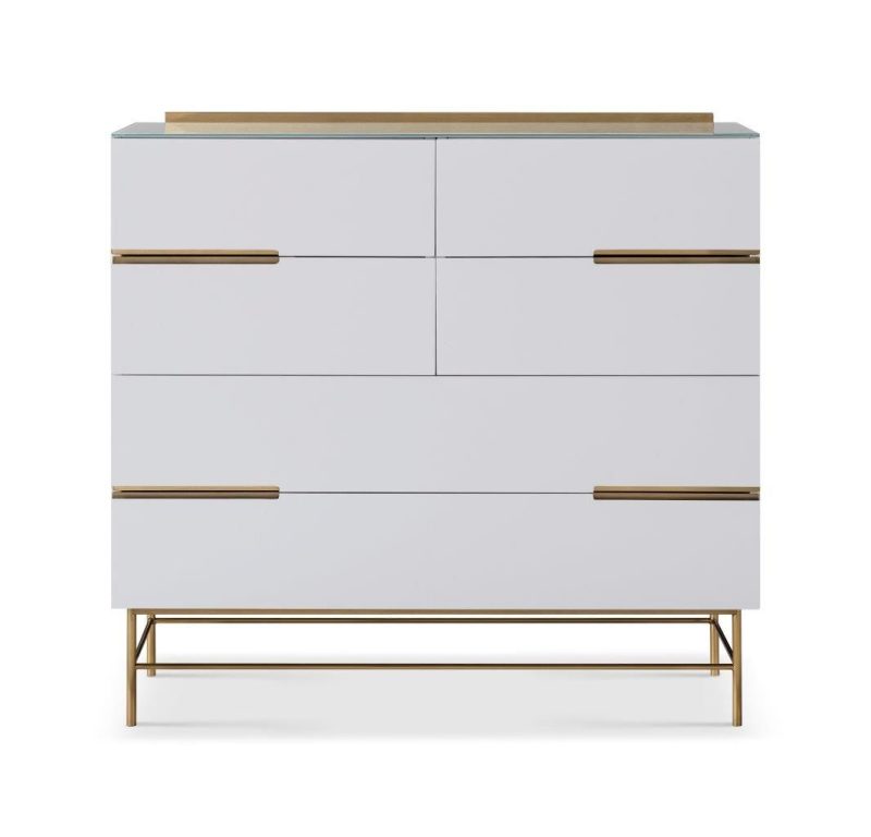 Alberto Six Drawer Wide Chest - White With Brass Accent