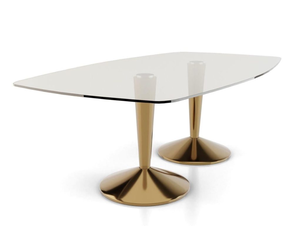 Iona Large Rectangular Double Pedestal Dining Table - Brass Pedestals/Bases & Clear Glass