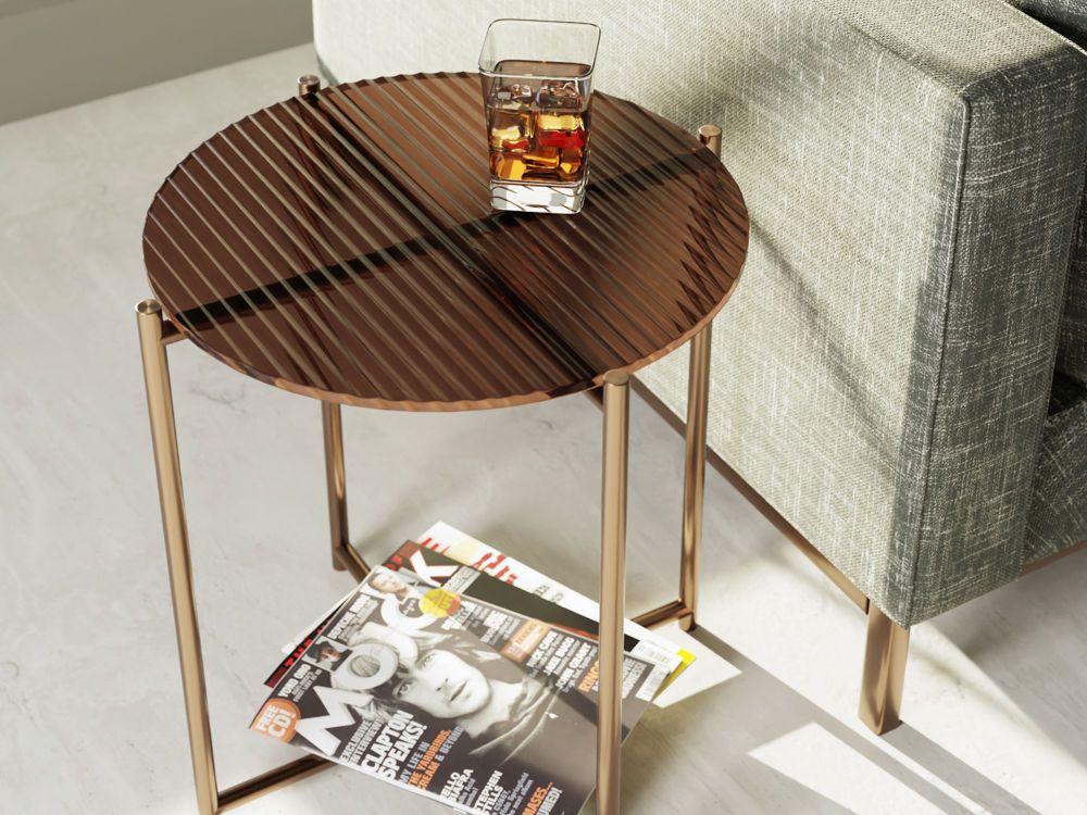 Adriana Round Side Table - Bronze Frame With Amber Fluted Glass Top Only