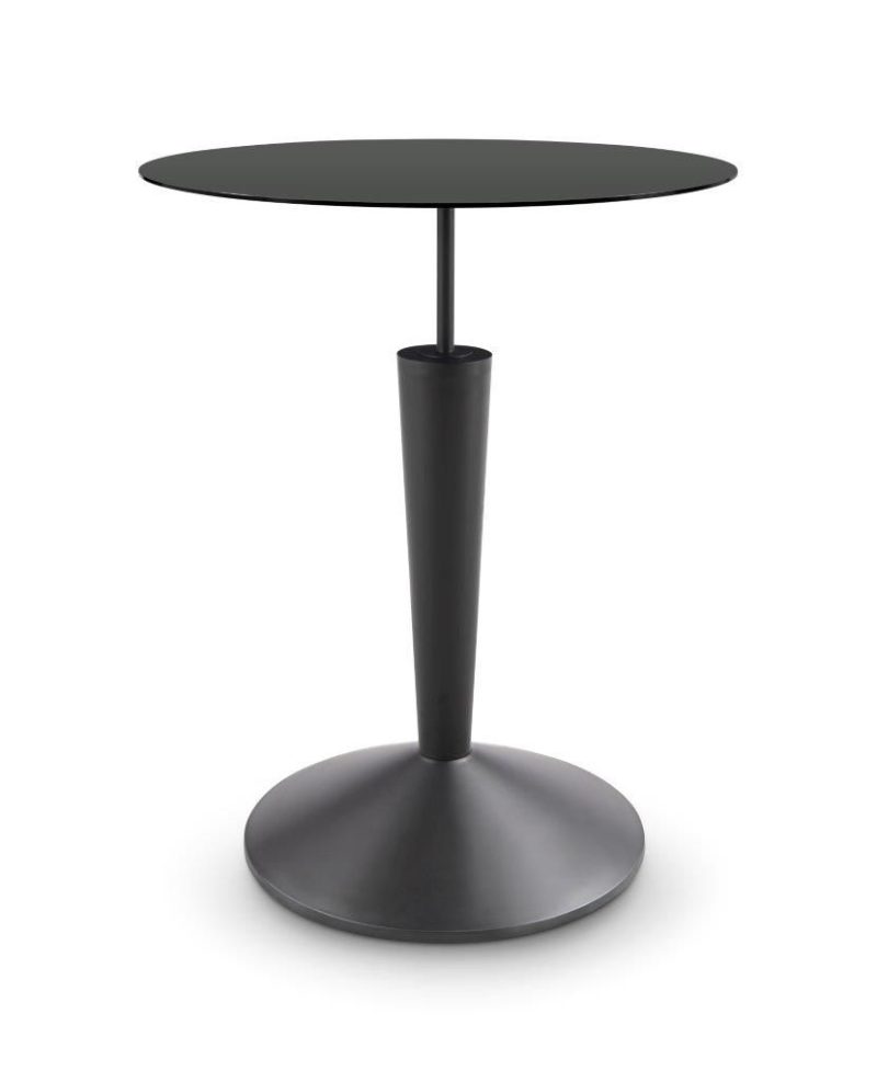 Iona Round Bar/Poseur Table – Black Cone Base With Tapered Black Pedestal & Black Glass Top