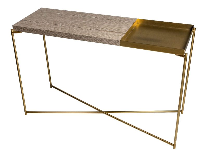 Iris Large Console Table - Large Weathered Oak Top & Small Brass Tray, Brass Frame