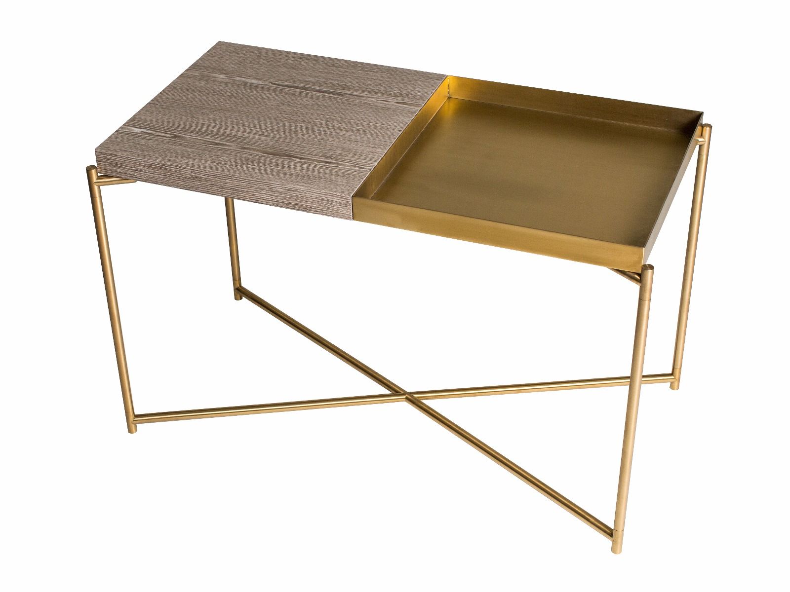 Iris Rectangular Top Side Table - Weathered Oak Plain Top & Brass Tray, Brass Frame