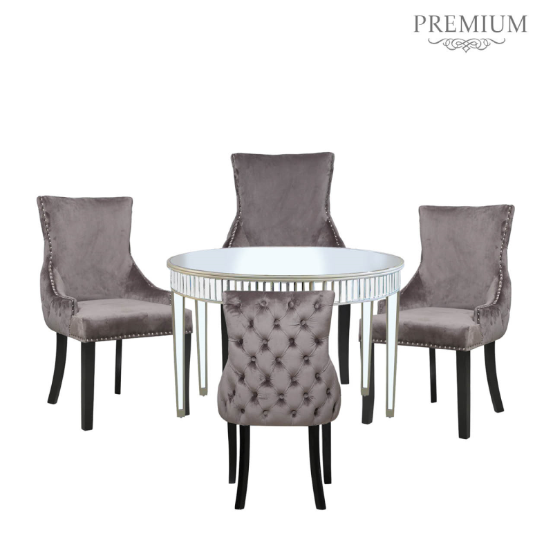 Apollo Champagne Mirrored 120cm Round Dining Table and 4 Tufted Back Grey Chairs - 4 In Stock