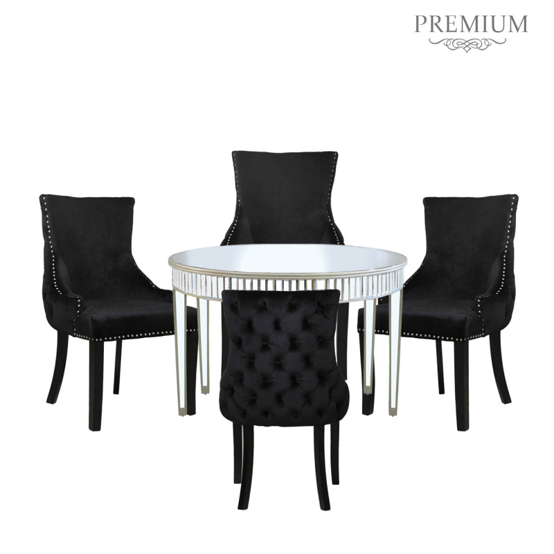 Apollo Champagne Mirrored 120cm Round Dining Table with 4 Tufted Back Black Champagne Chairs - 4 In Stock