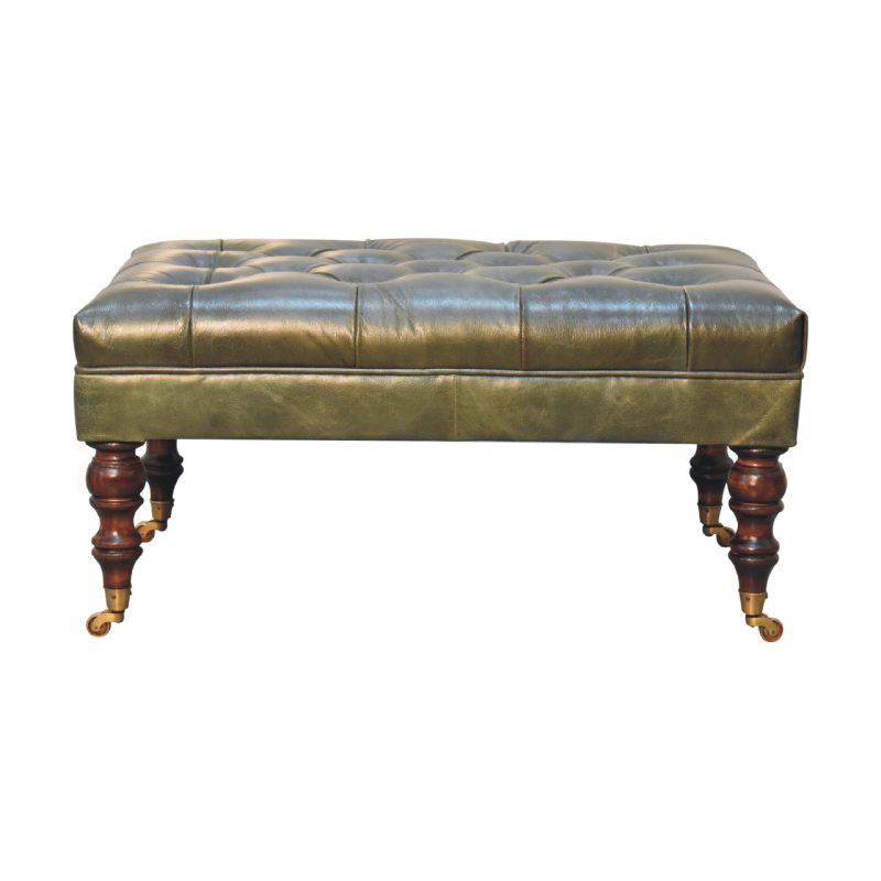 Buffalo Green Leather Ottoman with Castor Legs - Image 11