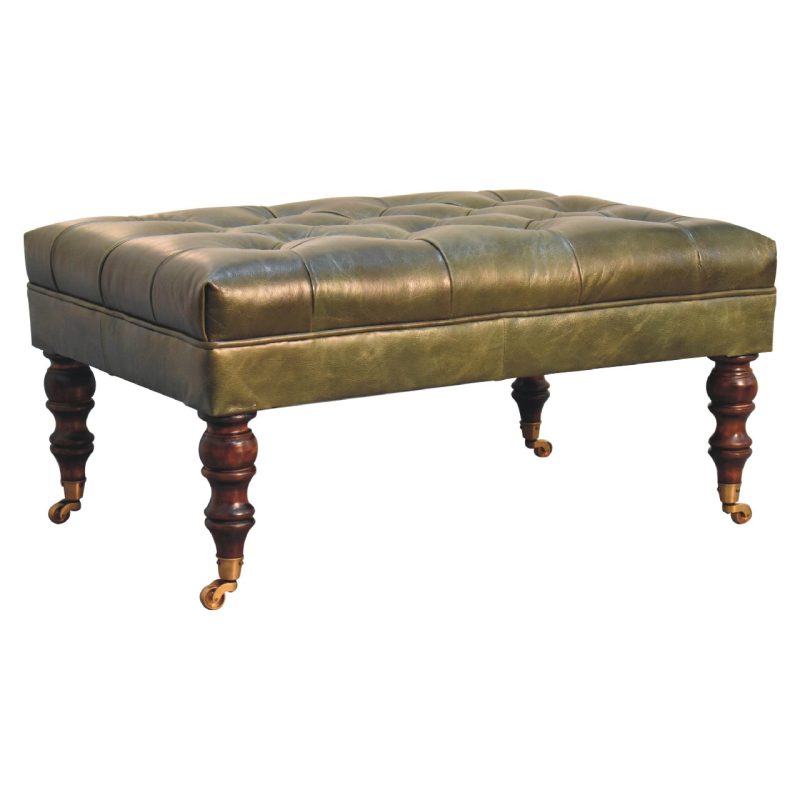Buffalo Green Leather Ottoman with Castor Legs - Image 9