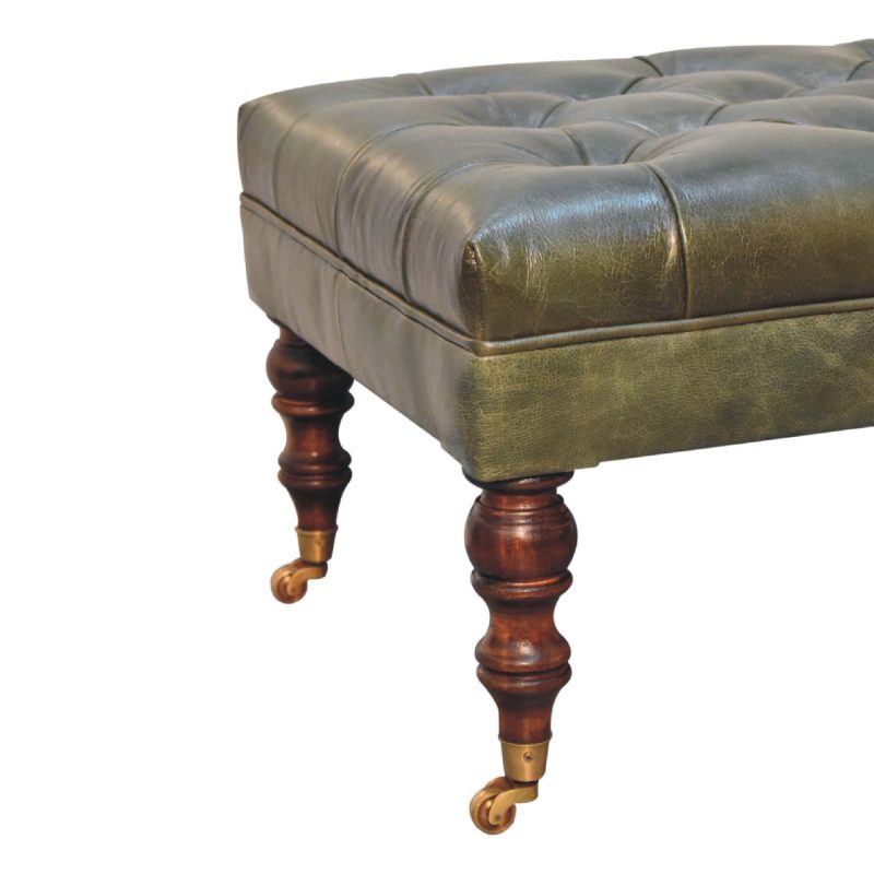 Buffalo Green Leather Ottoman with Castor Legs - Image 5
