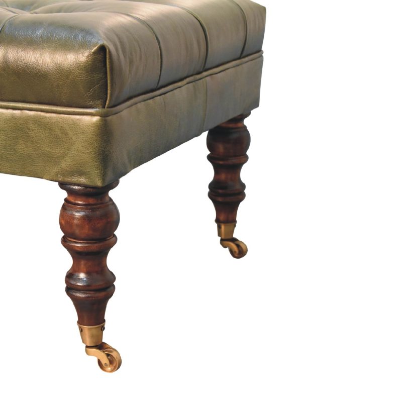 Buffalo Green Leather Ottoman with Castor Legs - Image 4
