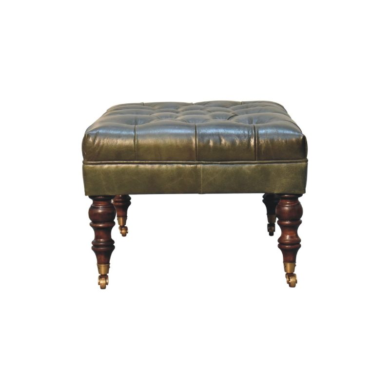 Buffalo Green Leather Ottoman with Castor Legs - Image 3