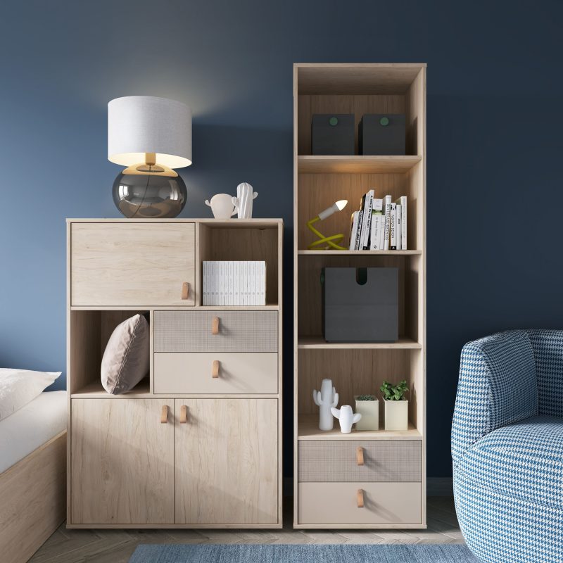 Denim 3 Door 2 Drawer Cabinet in Light Walnut, Grey Fabric Effect and Cashmere - Image 3