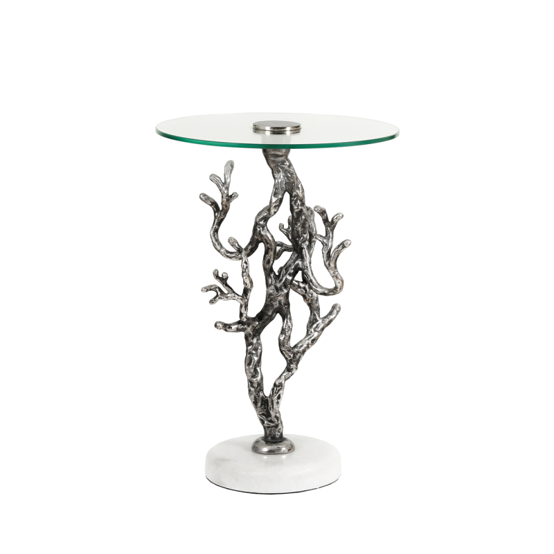 60cm Antique Silver Twig Design Metal Accent Table with Glass Top