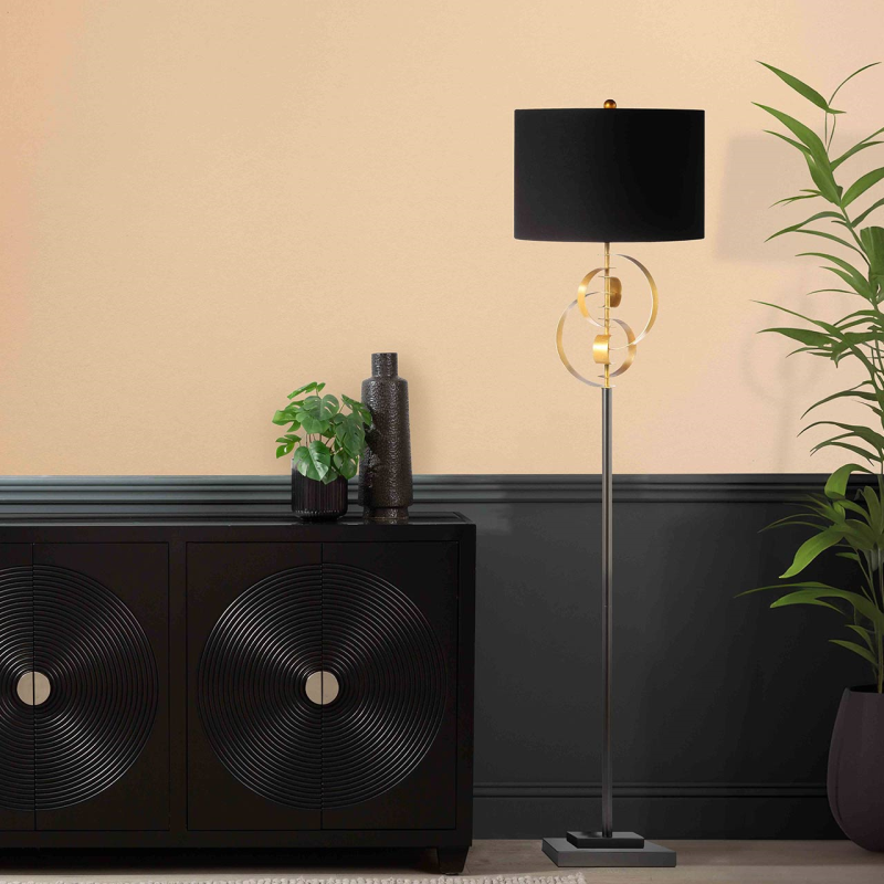 162cm Gold Leaf Metal Floor Lamp with Black Linen Shade - Image 5