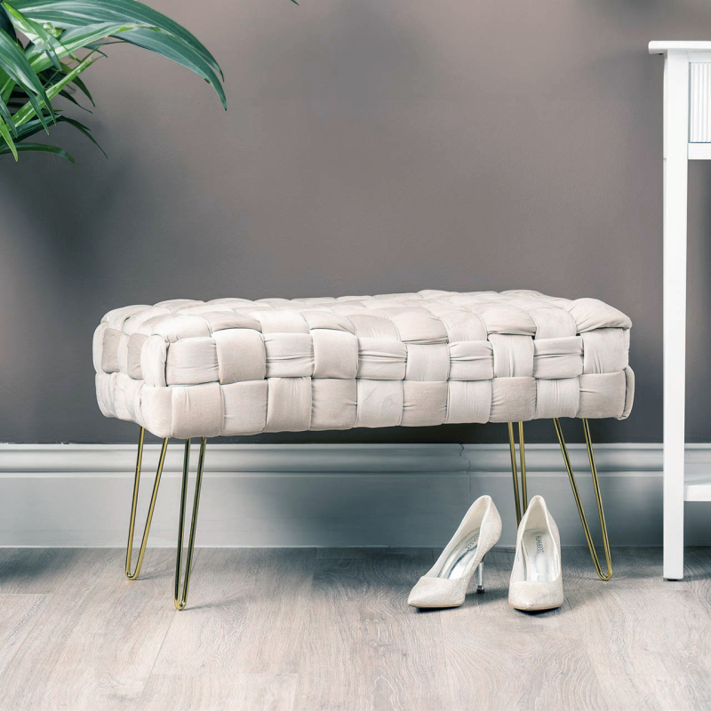Dark Cream Velvet Woven Bench with Gold Legs-KD