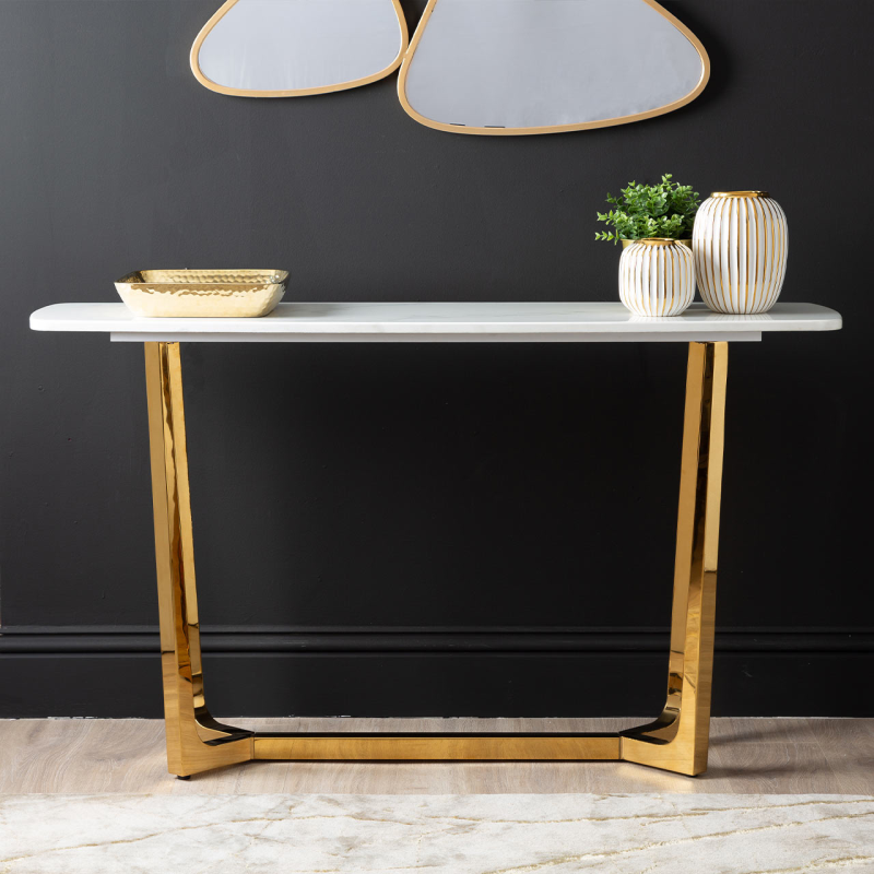 Meghan Gold Metal Console Table with White Faux Marble Top
