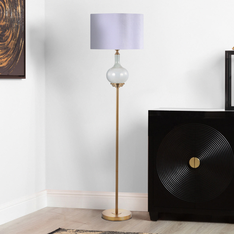 165cm White Pearl Glass Floor Lamp with White Velvet Shade