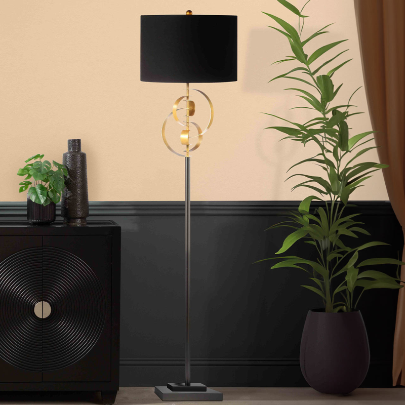 162cm Gold Leaf Metal Floor Lamp with Black Linen Shade - Image 4