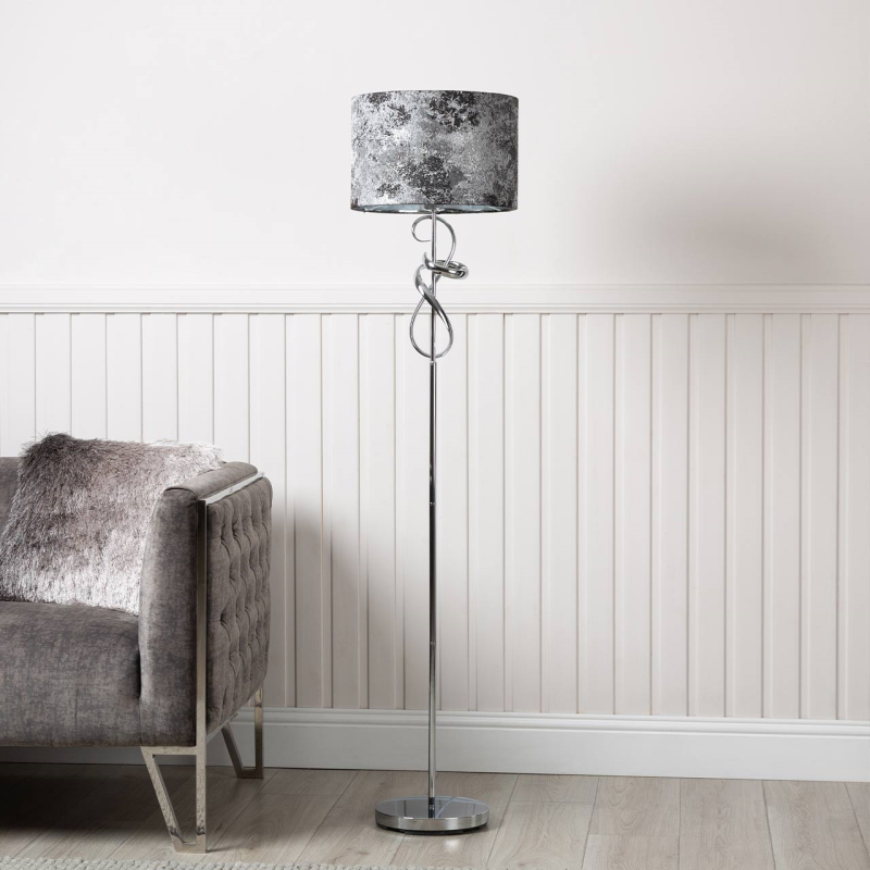 159cm Chrome Swirl Floor Lamp 2T Black and White Linen Shade