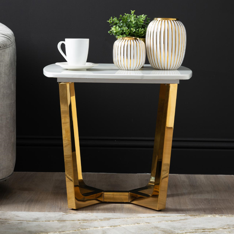 Meghan Gold Metal End Table with White Faux Marble Top