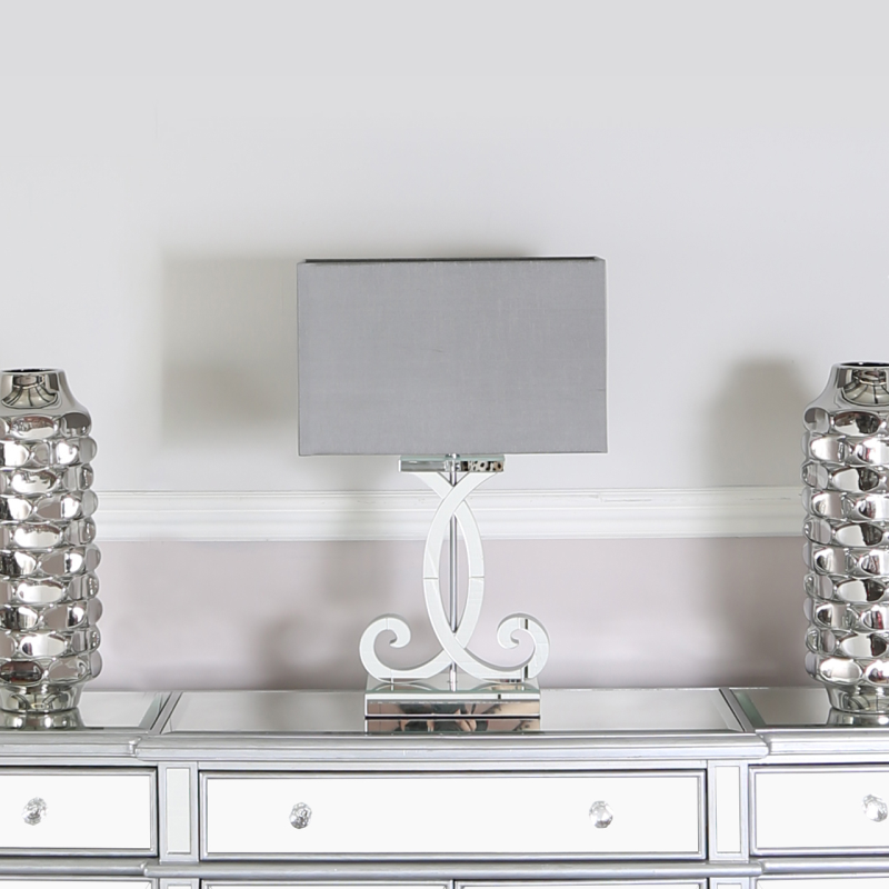 Hera Clear Mirror Table Lamp with Grey Faux Silk Shade