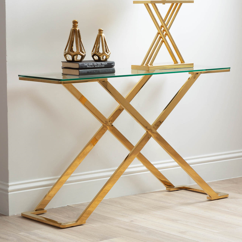 Axel Gold Metal Console Table with Clear Glass Top